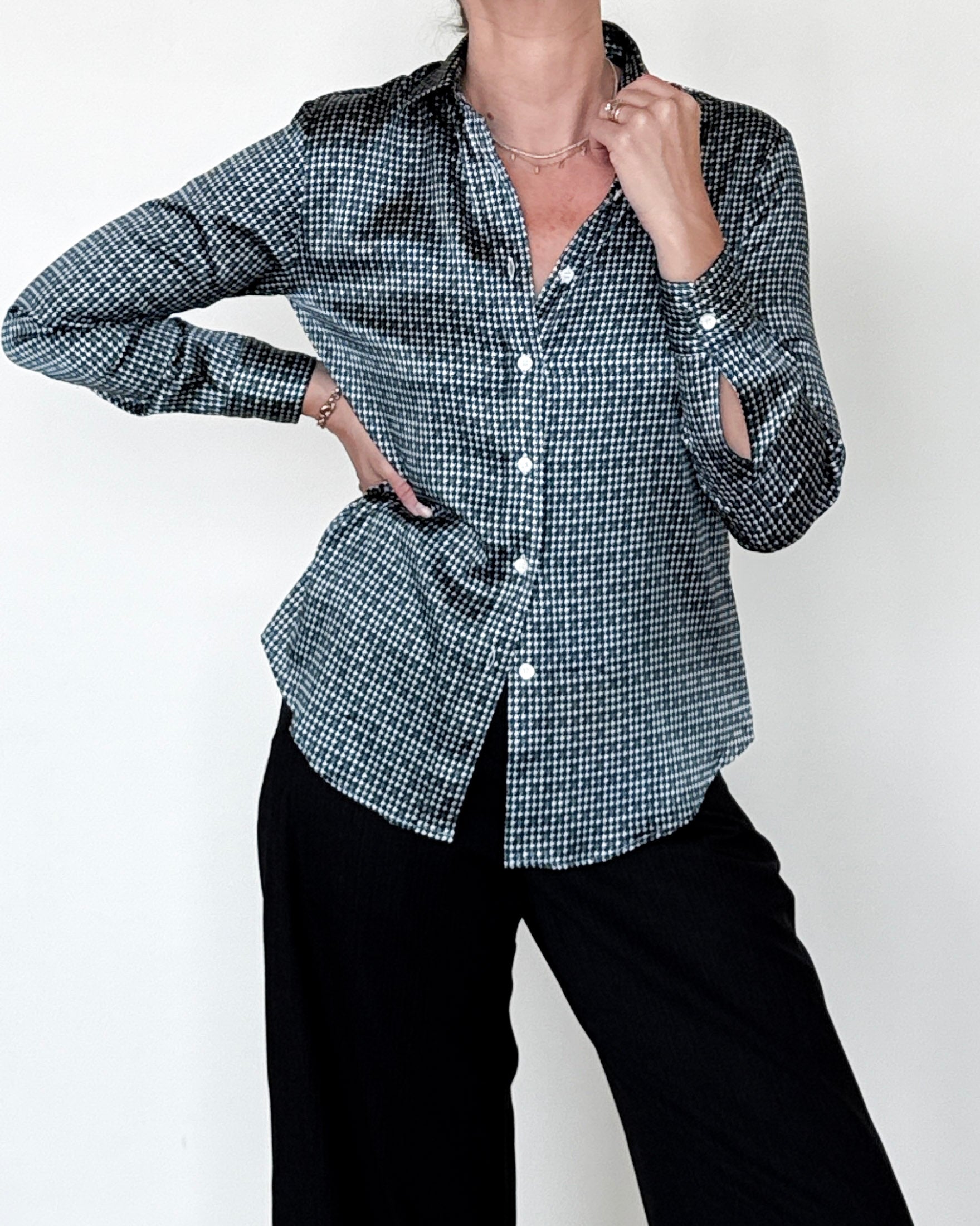 Yuppy RP Silk Stretch Houndstooth Blouse-Clothing-Amina Rubinacci-Blue Houndstooth-34-Mercantile Portland