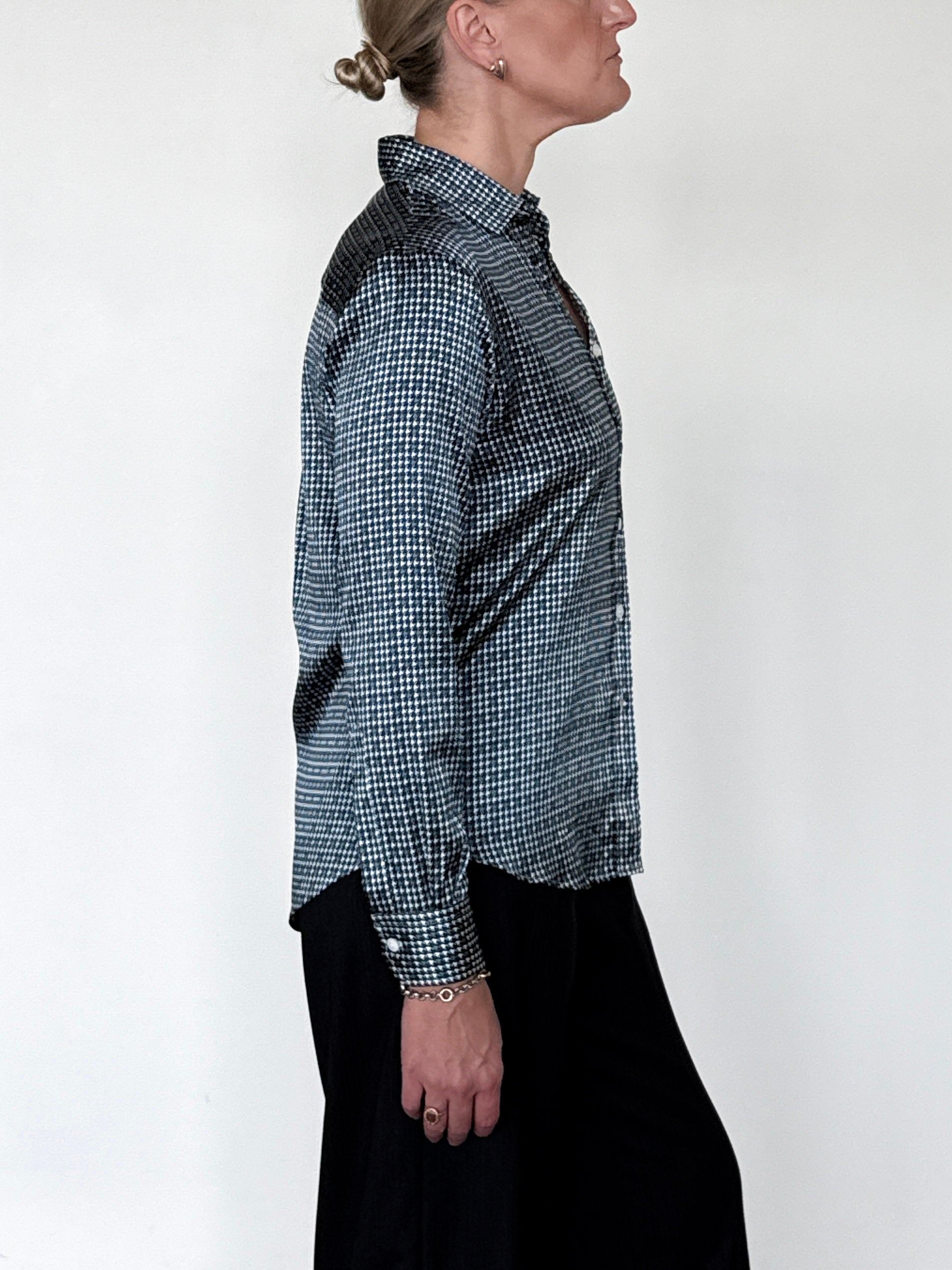 Yuppy RP Silk Stretch Houndstooth Blouse-Clothing-Amina Rubinacci-Blue Houndstooth-34-Mercantile Portland