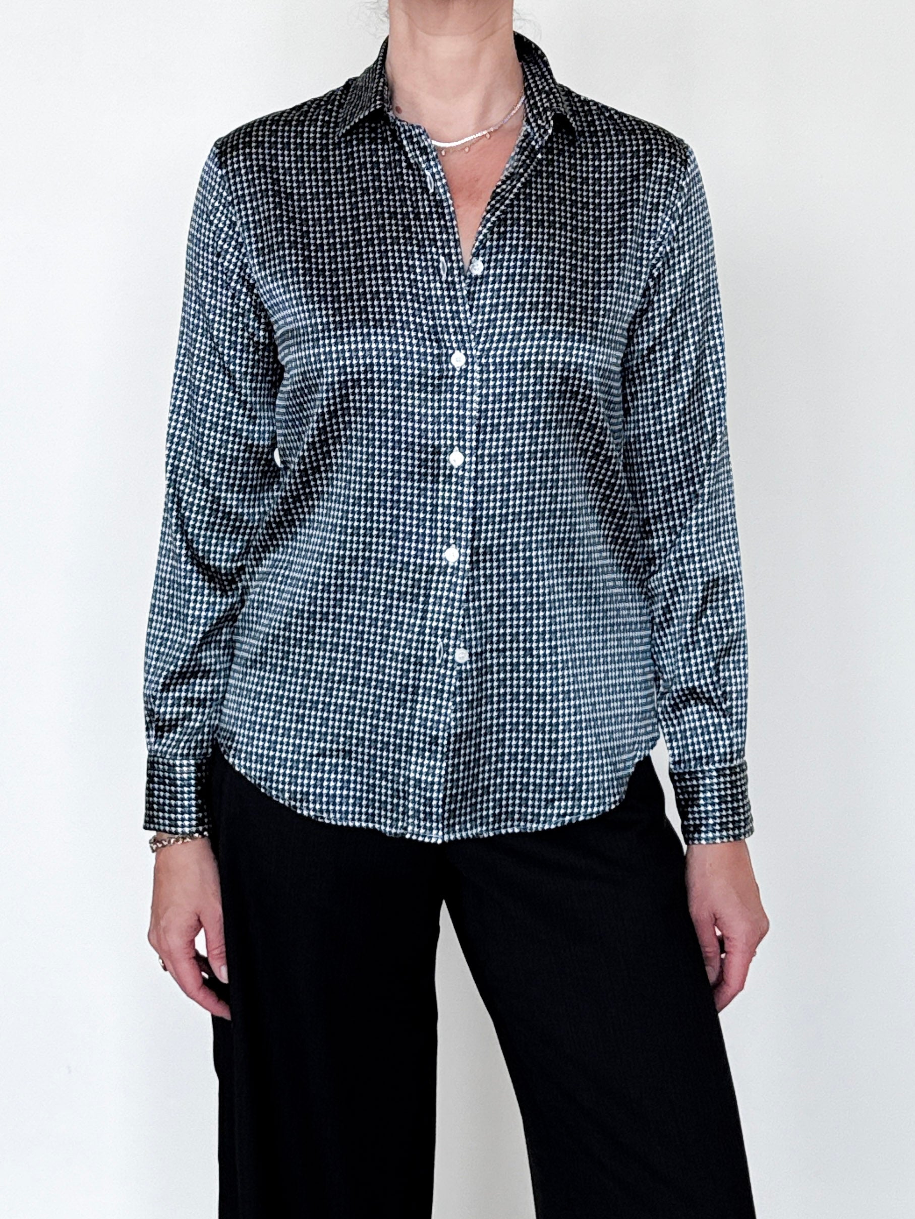 Yuppy RP Silk Stretch Houndstooth Blouse-Clothing-Amina Rubinacci-Blue Houndstooth-34-Mercantile Portland