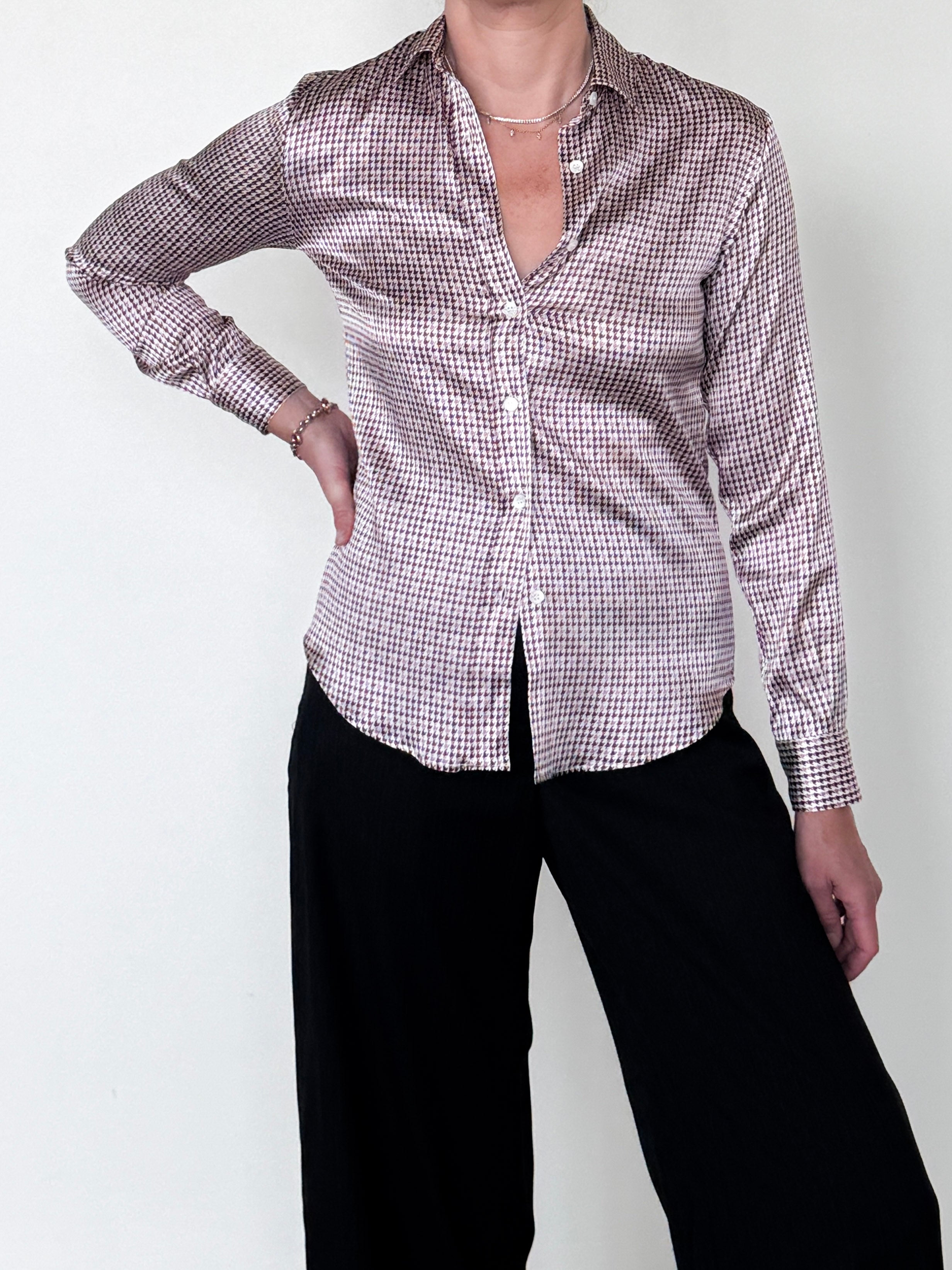 Yuppy RP Silk Stretch Houndstooth Blouse-Clothing-Amina Rubinacci-Blue Houndstooth-34-Mercantile Portland
