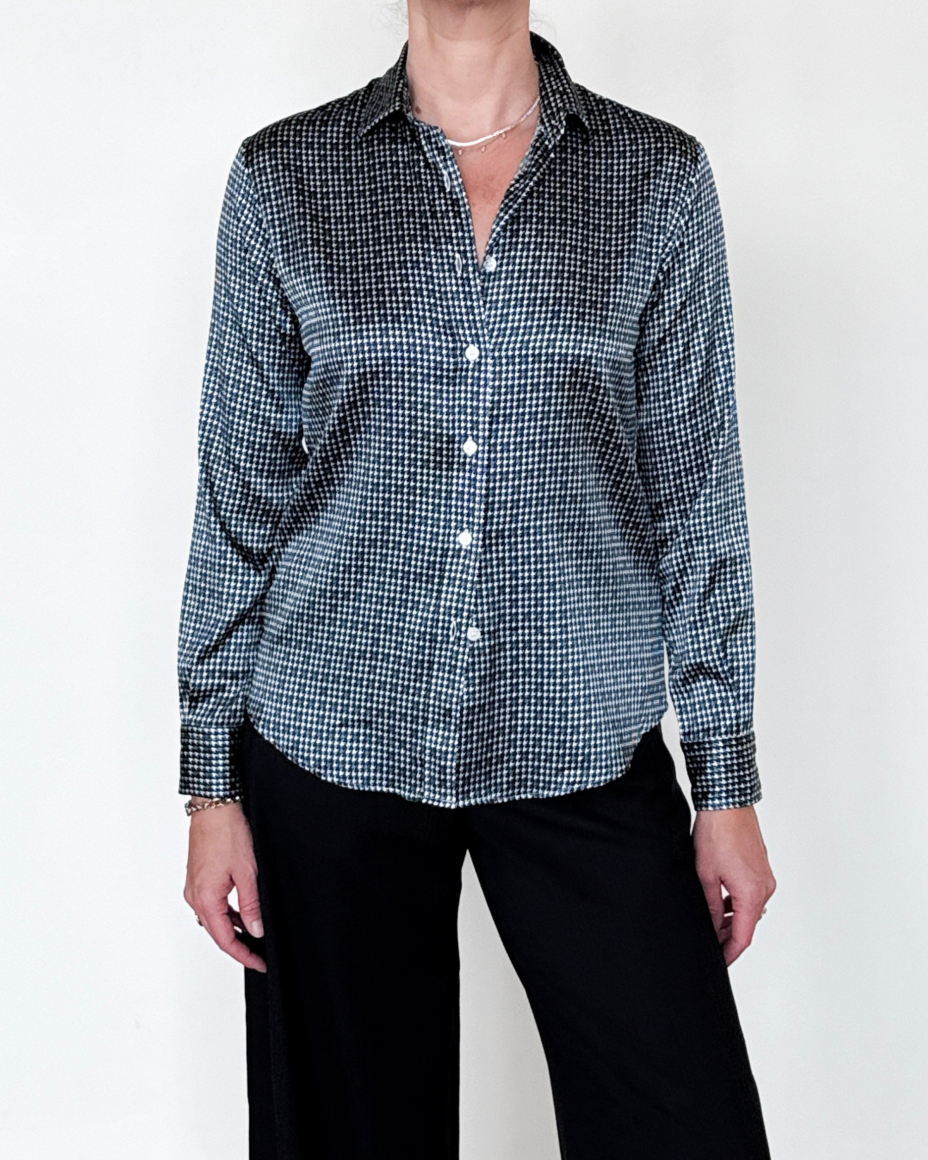 Yuppy RP Silk Stretch Houndstooth Blouse-Clothing-Amina Rubinacci-Blue Houndstooth-34-Mercantile Portland