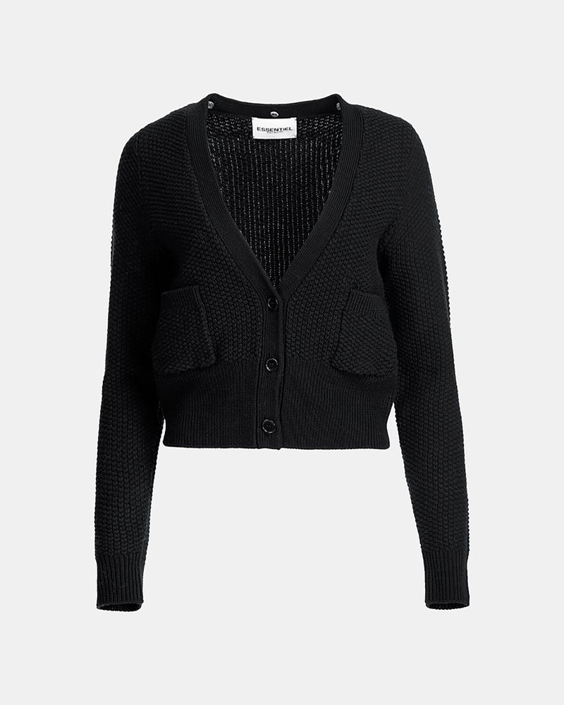 Black Wool Cardigan with Faux Fur Collar-Essentiel Antwerp-Mercantile Portland
